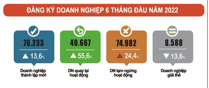 6 tháng đầu năm, cả nước có thêm 76,2 nghìn doanh nghiệp thành lập mới